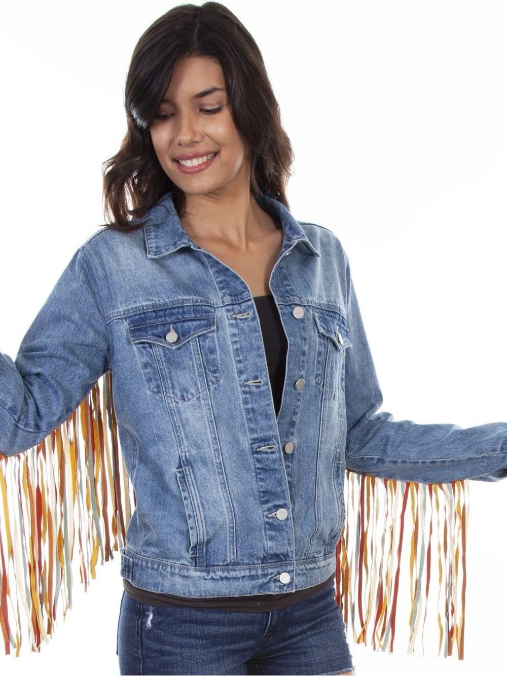 Scully Women’s Rainbow Fringe Denim Jacket Sz XL